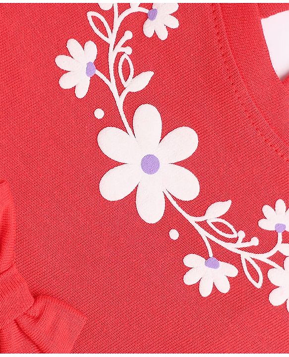 Babyhug Single Jersey Knit Full Sleeves Dress with Floral Print & Bow Applique - Red