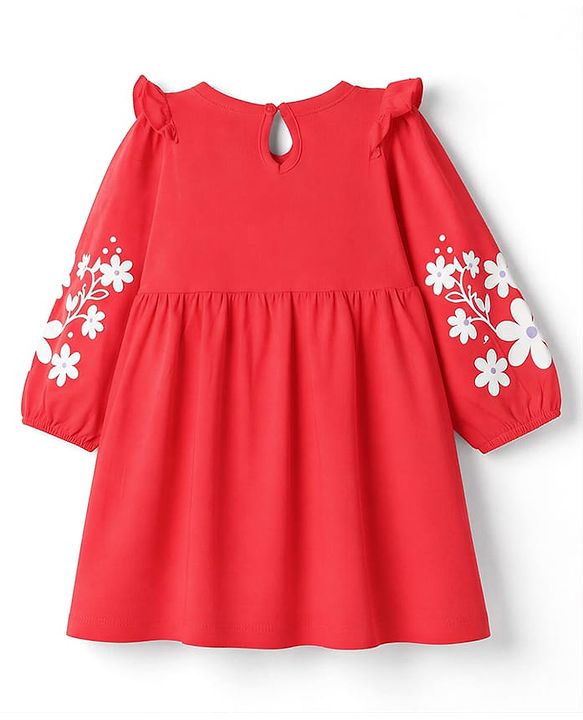 Babyhug Single Jersey Knit Full Sleeves Dress with Floral Print & Bow Applique - Red