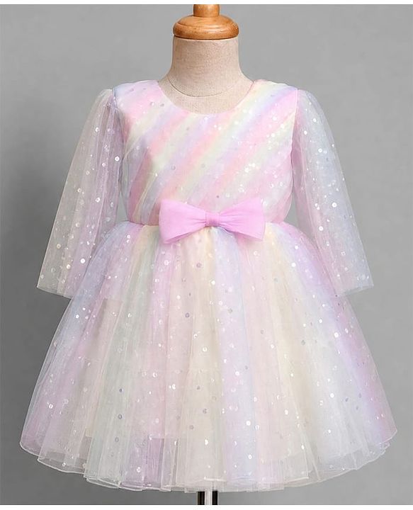 Babyhug Mesh Woven Sleeveless Party Dress With Bow & All over Foil Print - Pink