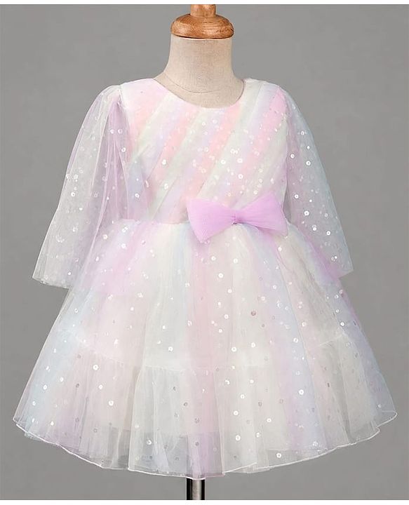 Babyhug Mesh Woven Sleeveless Party Dress With Bow & All over Foil Print - Pink