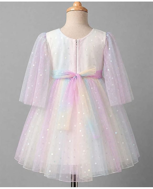 Babyhug Mesh Woven Sleeveless Party Dress With Bow & All over Foil Print - Pink