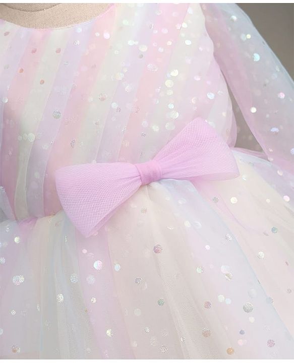 Babyhug Mesh Woven Sleeveless Party Dress With Bow & All over Foil Print - Pink