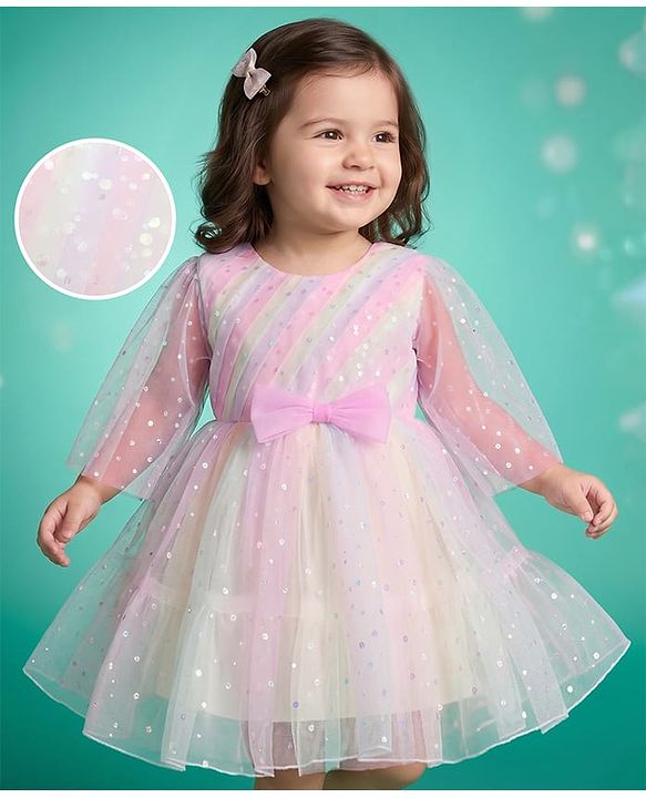 Babyhug Mesh Woven Sleeveless Party Dress With Bow & All over Foil Print - Pink
