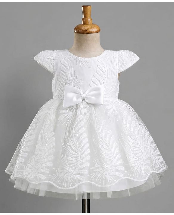 Babyhug Mesh Woven Half sleeves Party Dress With Sequin Leaves Thread Embroidery & Bow Applique - White