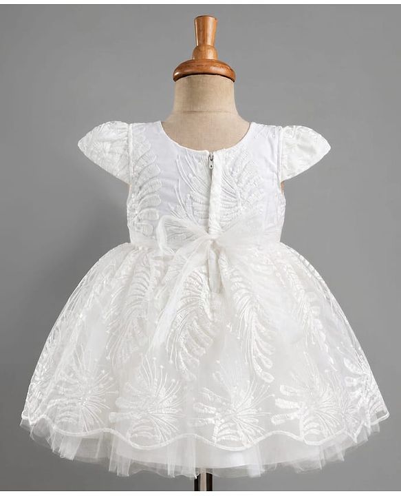 Babyhug Mesh Woven Half sleeves Party Dress With Sequin Leaves Thread Embroidery & Bow Applique - White