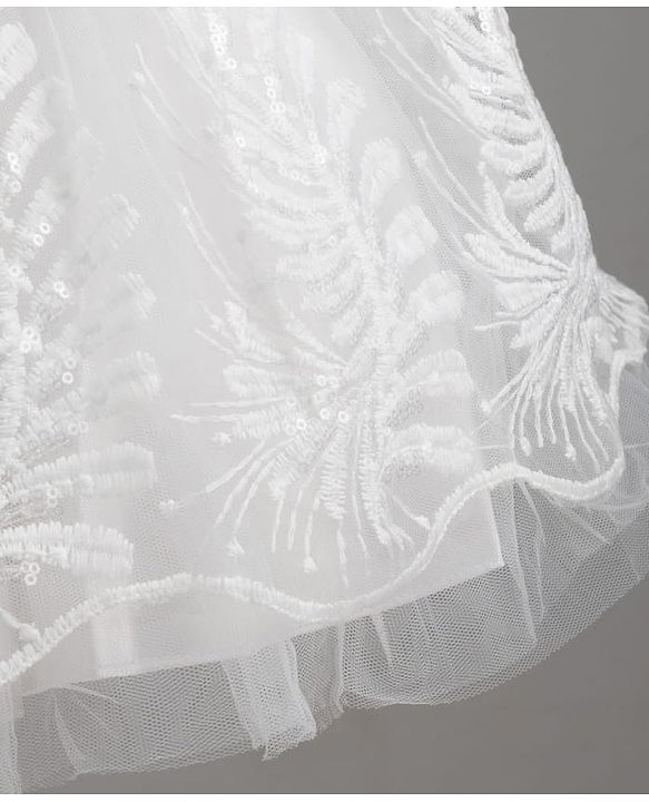 Babyhug Mesh Woven Half sleeves Party Dress With Sequin Leaves Thread Embroidery & Bow Applique - White