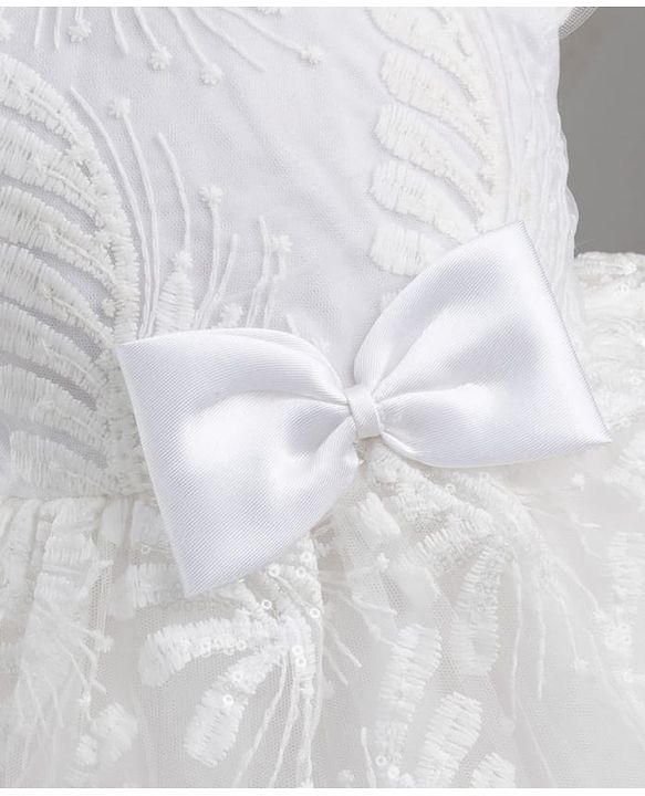 Babyhug Mesh Woven Half sleeves Party Dress With Sequin Leaves Thread Embroidery & Bow Applique - White