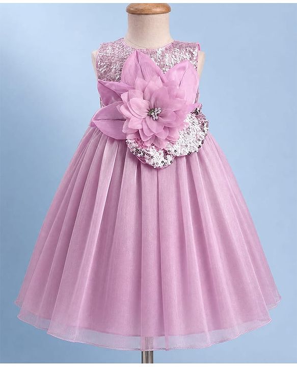 Babyhug Satin Woven Sleeveless Gown with a oversized Fabric flower at the Waistline - Lilac