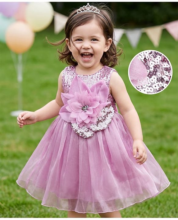 Babyhug Satin Woven Sleeveless Gown with a oversized Fabric flower at the Waistline - Lilac