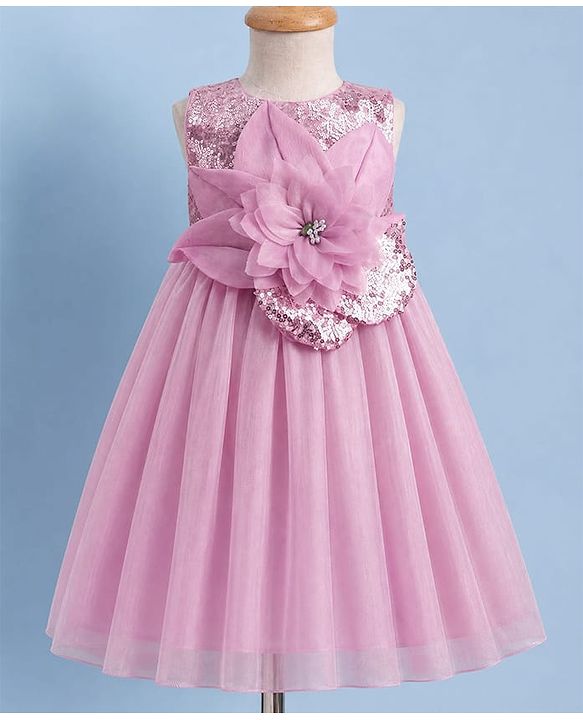 Babyhug Satin Woven Sleeveless Gown with a oversized Fabric flower at the Waistline - Lilac