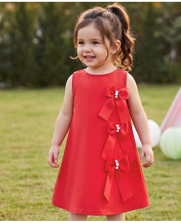 Babyhug Scuba Knit Sleeveless A Line Solid Colour Party Dress with Bow Applique - Red