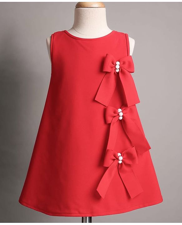 Babyhug Scuba Knit Sleeveless A Line Solid Colour Party Dress with Bow Applique - Red