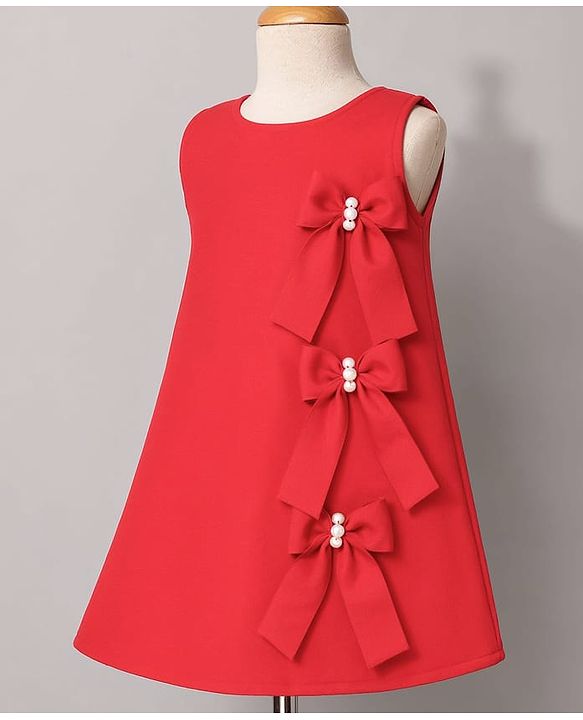 Babyhug Scuba Knit Sleeveless A Line Solid Colour Party Dress with Bow Applique - Red
