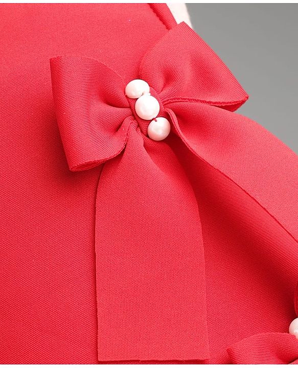 Babyhug Scuba Knit Sleeveless A Line Solid Colour Party Dress with Bow Applique - Red