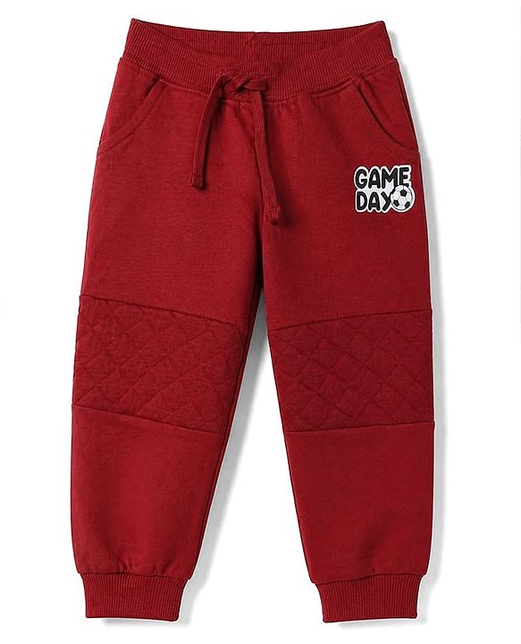 Babyhug 100% Cotton Looper Knit Jogger Fit Full Length Lounge Pant with Text Print in Maroon