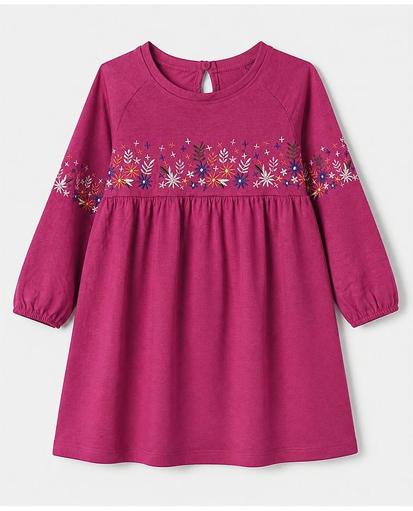 Babyhug Single Jersey Knit Dress with Full Sleeves and Floral Embroidery in Red for 3-6 Months