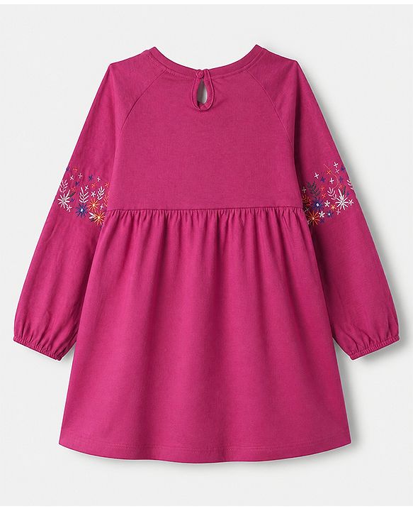 Babyhug Single Jersey Knit Dress with Full Sleeves and Floral Embroidery in Red for 3-6 Months