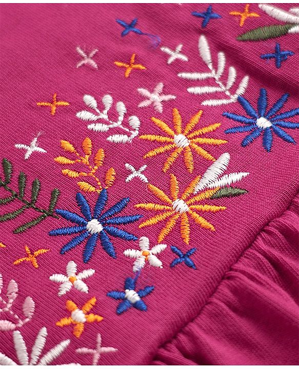 Babyhug Single Jersey Knit Dress with Full Sleeves and Floral Embroidery in Red for 3-6 Months