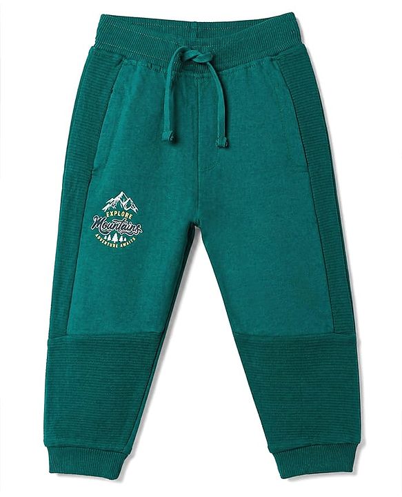 Babyhug 100% Cotton Looper Knit Jogger Fit Full Length Lounge Pant with Mountains Print in Teal Blue