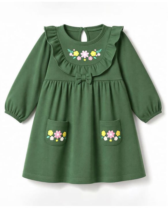 Babyhug Single Jersey Knit One Piece Dress with Full Sleeves and Floral Embroidery - Green
