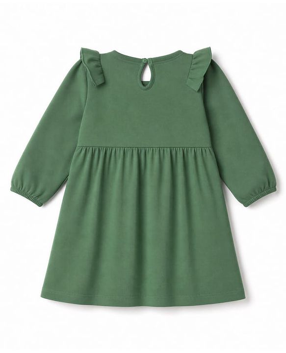 Babyhug Single Jersey Knit One Piece Dress with Full Sleeves and Floral Embroidery - Green