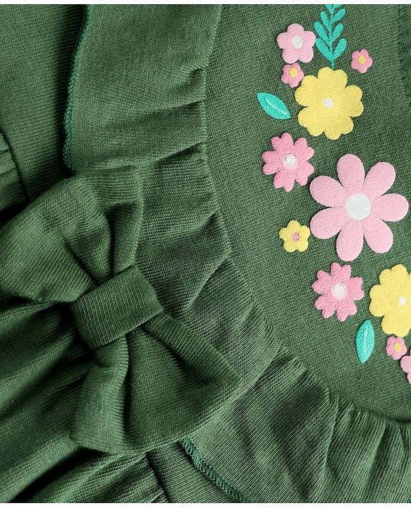 Babyhug Single Jersey Knit One Piece Dress with Full Sleeves and Floral Embroidery - Green