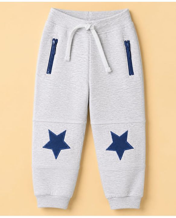 Babyhug Cotton Jersey Knit Full Length Lounge Pants With Star Applique - Grey