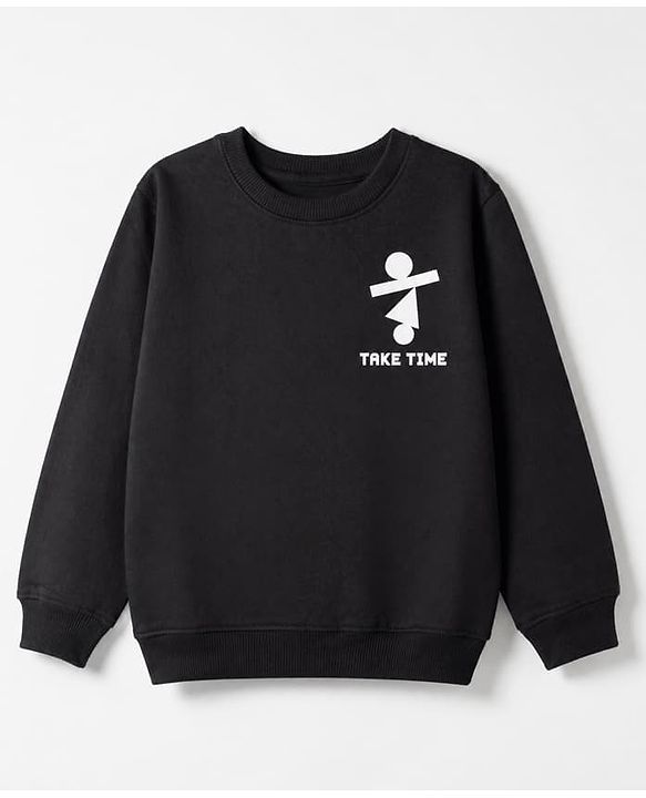 Pine Kids Cotton Mix Knit Sweatshirt with Full Sleeves and Take Time Print in Black