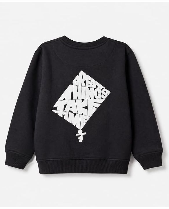Pine Kids Cotton Mix Knit Sweatshirt with Full Sleeves and Take Time Print in Black