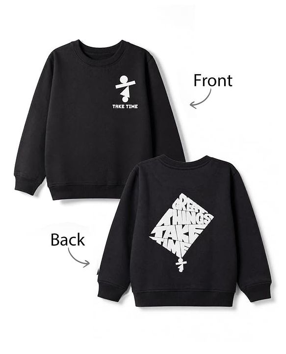 Pine Kids Cotton Mix Knit Sweatshirt with Full Sleeves and Take Time Print in Black