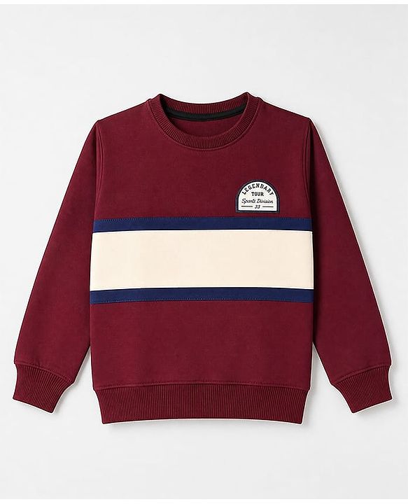 Pine Kids Cotton Mix Knit Sweatshirt with Full Sleeves and Badge Patch in Maroon