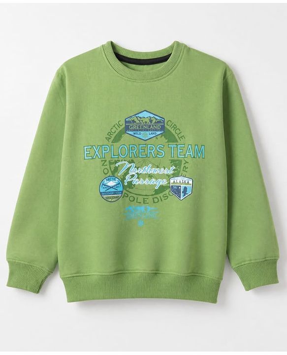 Pine Kids Cotton Mix Knit Sweatshirt with Full Sleeves and Explores Team Print in Green