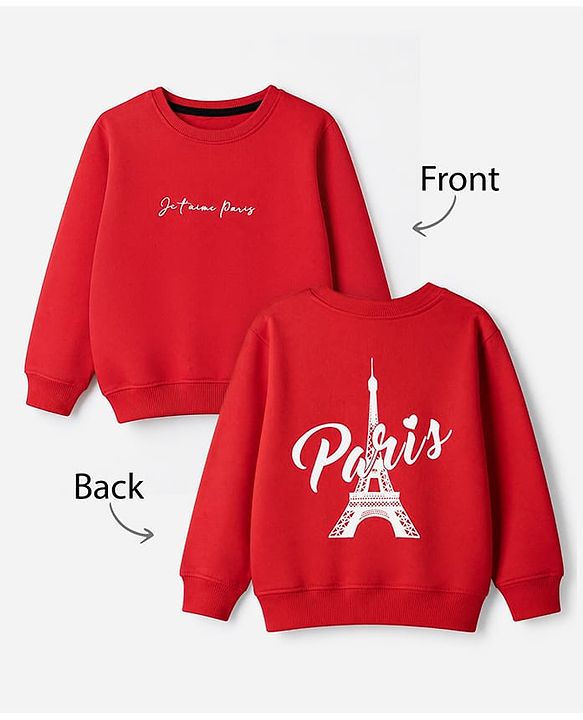 Pine Kids Cotton Mix Knit Sweatshirt with Full Sleeves and Eiffel Tower Print in Red