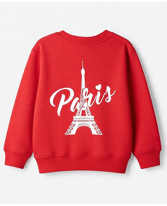 Pine Kids Cotton Mix Knit Sweatshirt with Full Sleeves and Eiffel Tower Print in Red