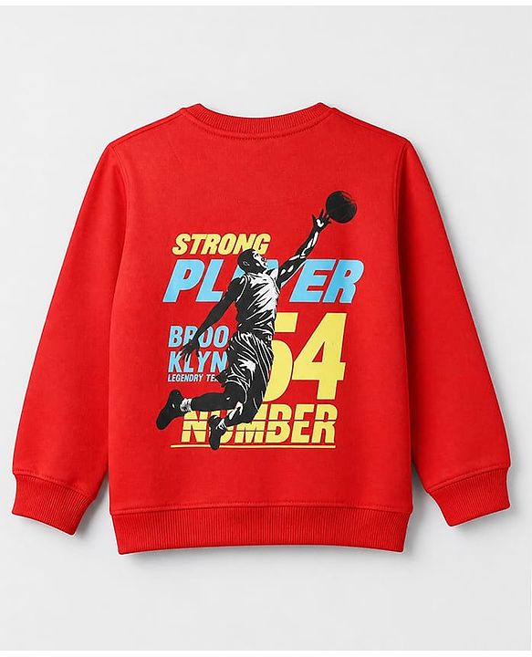 Pine Kids Cotton Mix Knit Sweatshirt with Full Sleeves and Basketball Player Print in Red