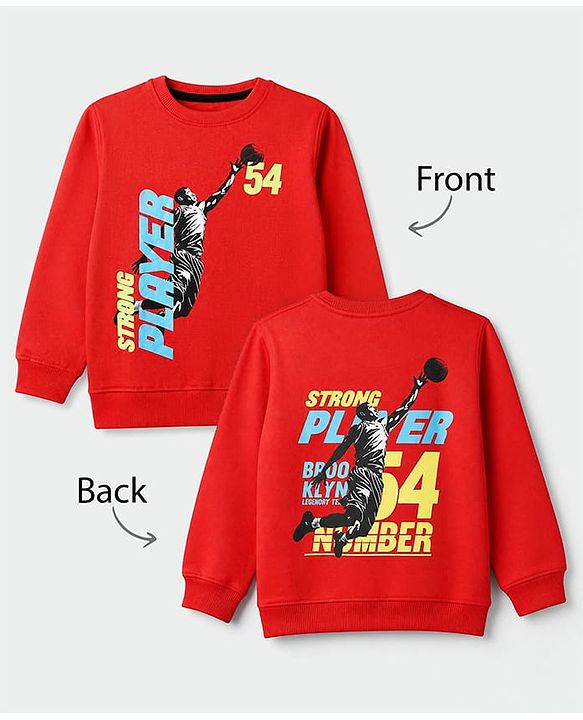 Pine Kids Cotton Mix Knit Sweatshirt with Full Sleeves and Basketball Player Print in Red