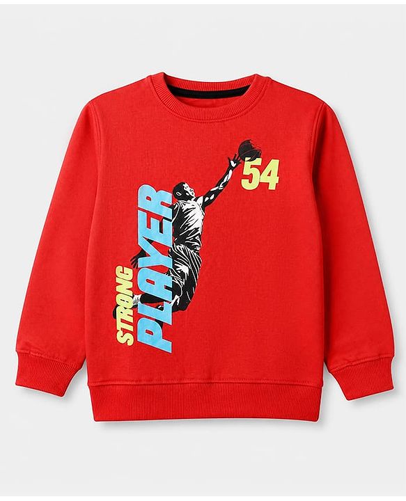 Pine Kids Cotton Mix Knit Sweatshirt with Full Sleeves and Basketball Player Print in Red