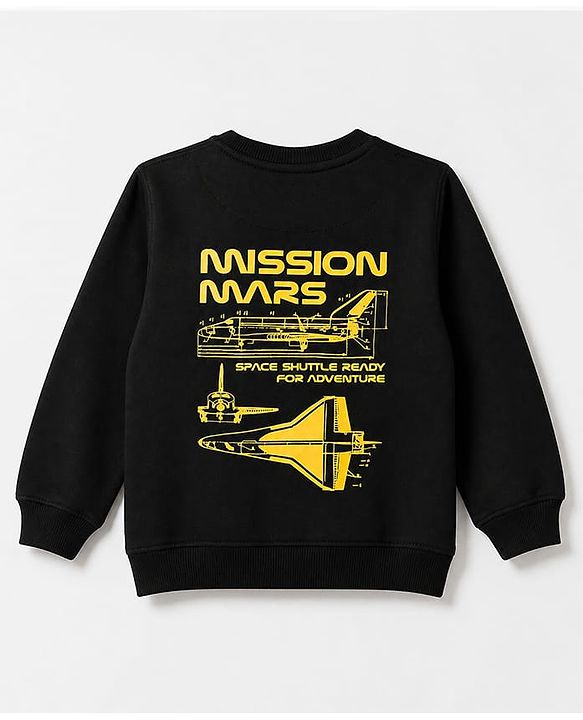 Pine Kids Cotton Mix Knit Sweatshirt with Full Sleeves and Space Shuttle Print in Black