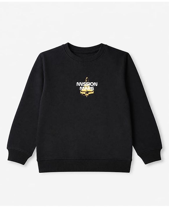 Pine Kids Cotton Mix Knit Sweatshirt with Full Sleeves and Space Shuttle Print in Black