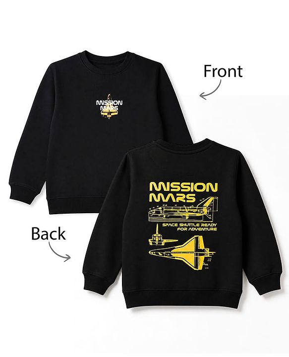 Pine Kids Cotton Mix Knit Sweatshirt with Full Sleeves and Space Shuttle Print in Black