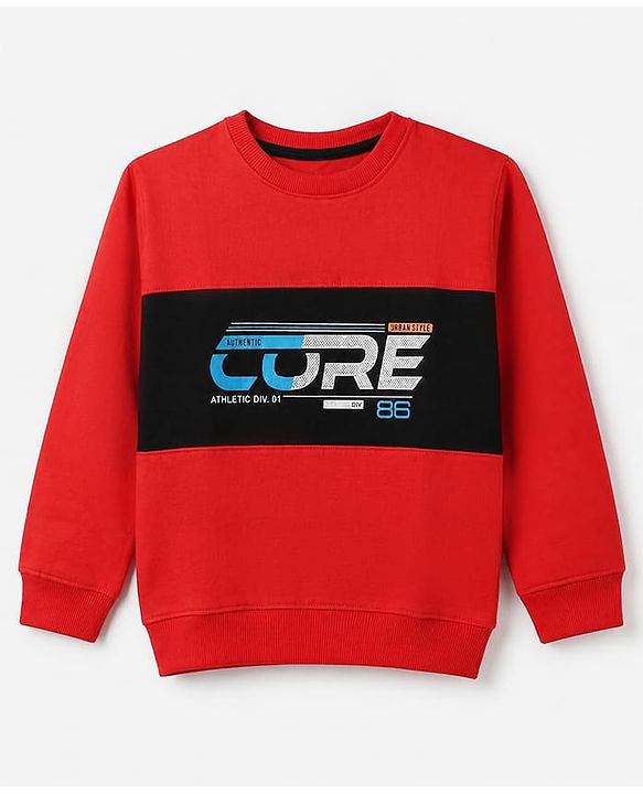 Pine Kids Cotton Mix Knit Sweatshirt with Full Sleeves and Core Print in Red
