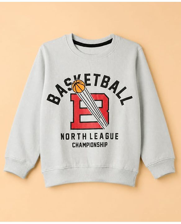 Pine Kids Knit Full Sleeves Sweatshirt With Basketball Text Print - Grey