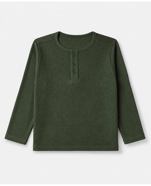 Pine Kids Knit Full Sleeves Solid Round Neck T-Shirt - Olive Green