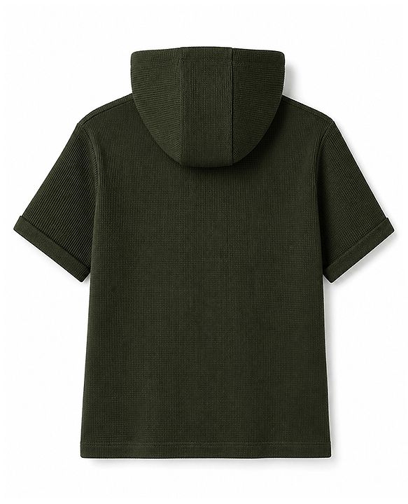 Pine Kids Waffle Knit Half Sleeves Solid Hooded T-Shirt with Kangaroo Pockets - Dark Green