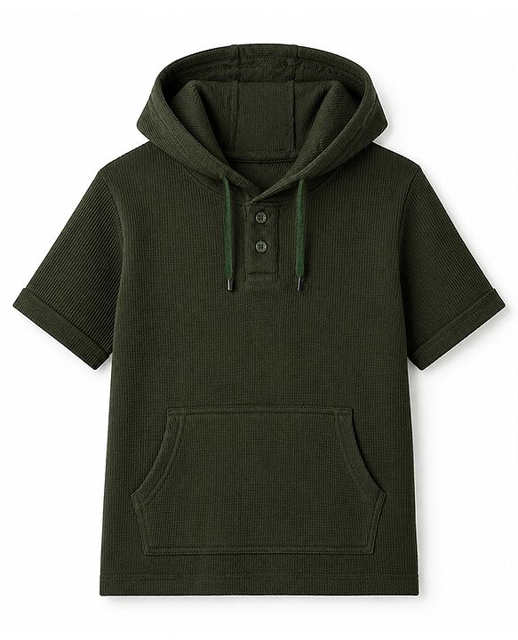 Pine Kids Waffle Knit Half Sleeves Solid Hooded T-Shirt with Kangaroo Pockets - Dark Green