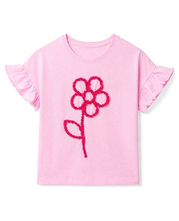 Pine Kids 100% Cotton Knit Half sleeves T-shirt with Frill Sleeves and Flower Applique - Pink