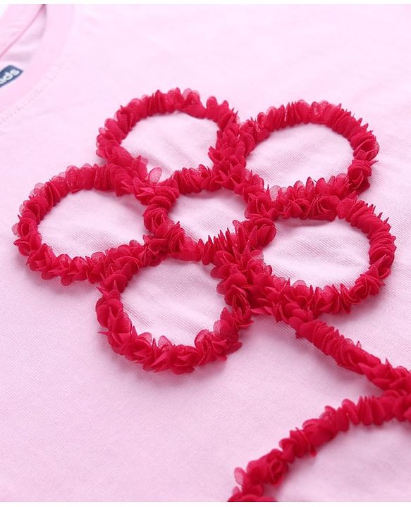 Pine Kids 100% Cotton Knit Half sleeves T-shirt with Frill Sleeves and Flower Applique - Pink