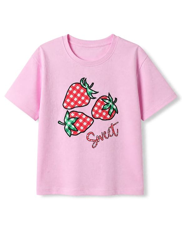 Pine Kids 100% Cotton Knit Half sleeves T-shirt with Strawberries Print - Pink