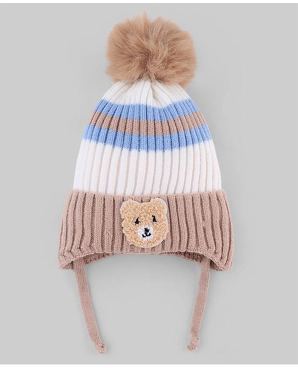Babyhug Knit Woollen Cap with Stripes & Pom Pom Brown - Diameter 10 cm