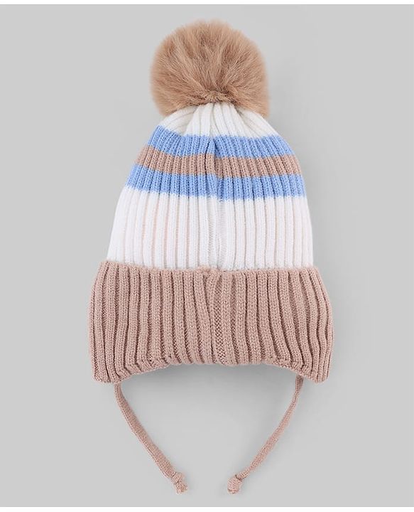 Babyhug Knit Woollen Cap with Stripes & Pom Pom Brown - Diameter 10 cm